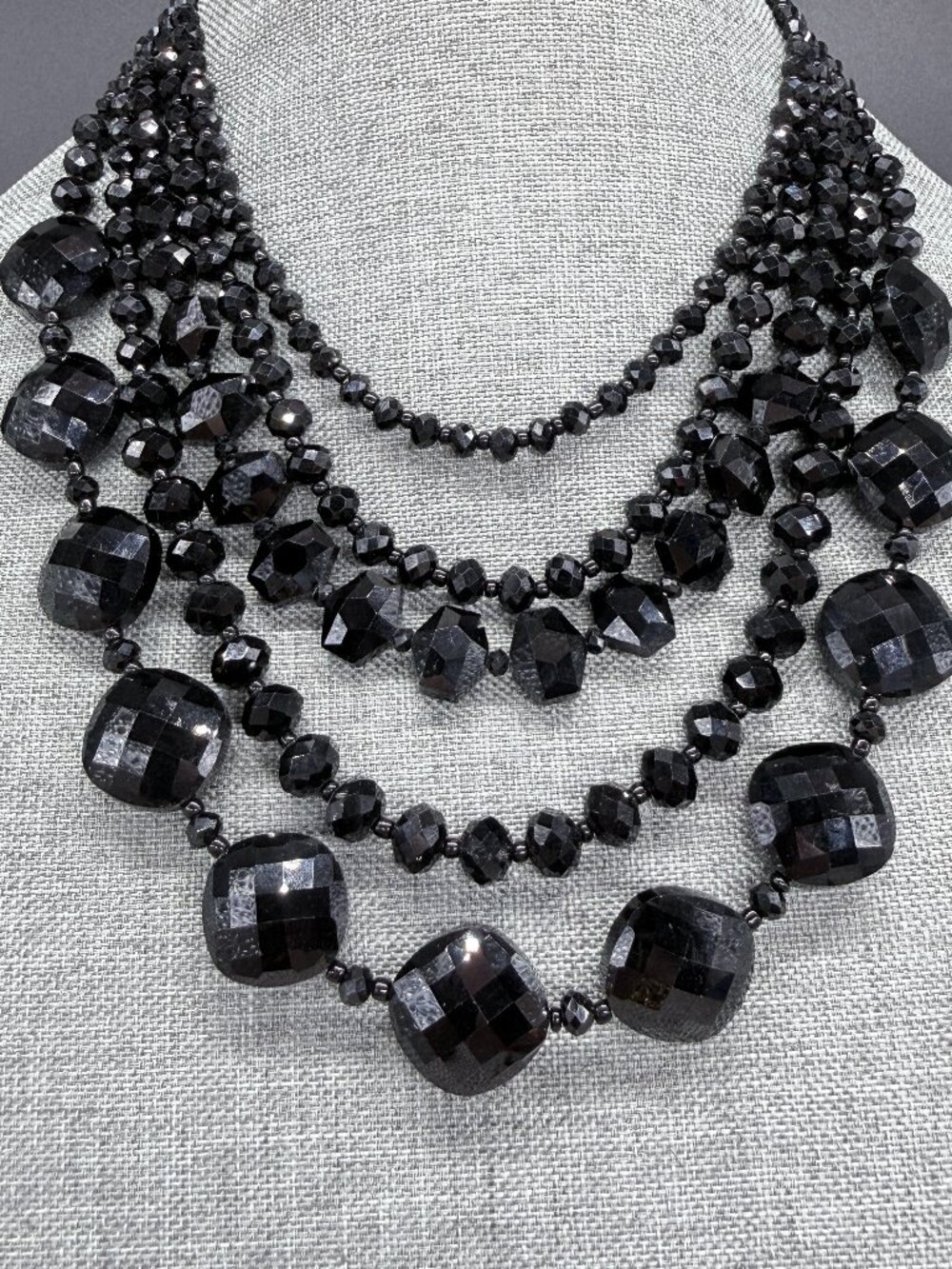 Vintage Necklace Multi Strand Black Faceted Glass Beads Adjustable Length